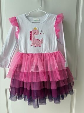 Girls Pink Dino Tulle Layered Party Dress- 4T